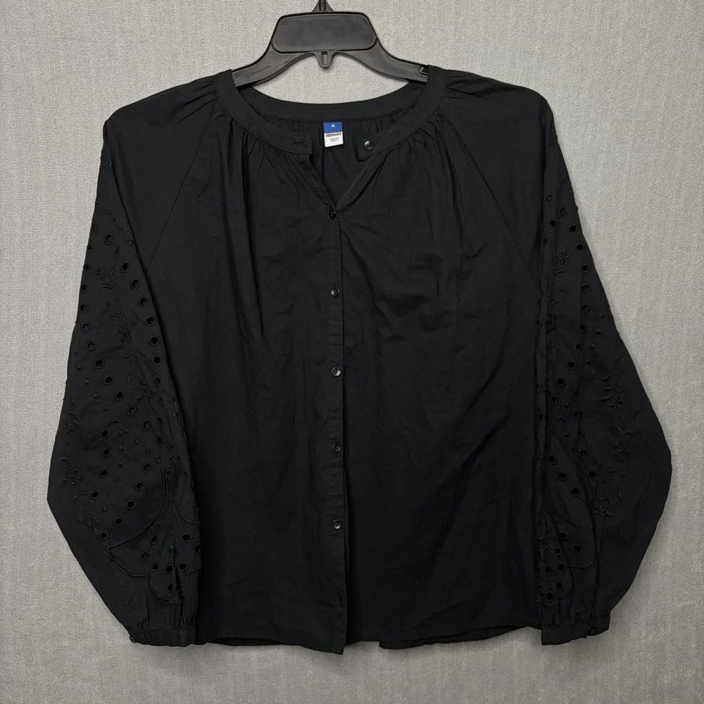 New Old Navy Women's Black Long Sleeve Eyelet Puff Sleeve Button Blouse Basic